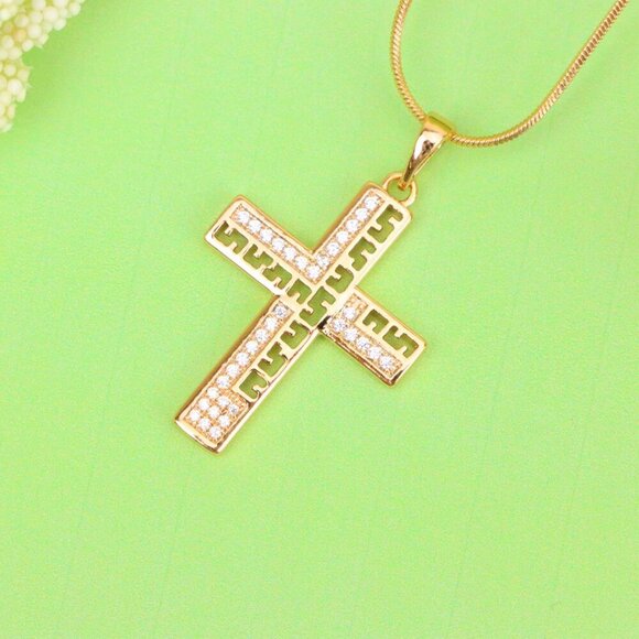 "Rose Gold Cross Pendant with Greek Key Design and Sparkling Stones, XPPT1610 - Picture 3 of 13